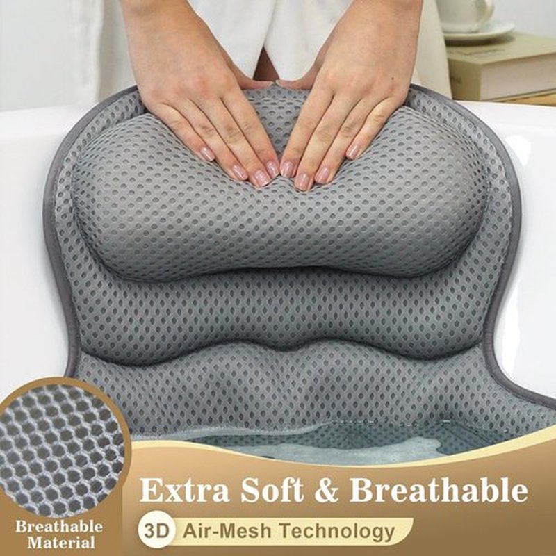 Bath Pillow Luxury Bathtub Pillow, Extra Soft & Comfortable Bath Pillow for Tub Head Neck and Back Support, with 4D Air Mesh Cushions & Non-Slip Suction Cups - Great Bath Gifts (Gray)