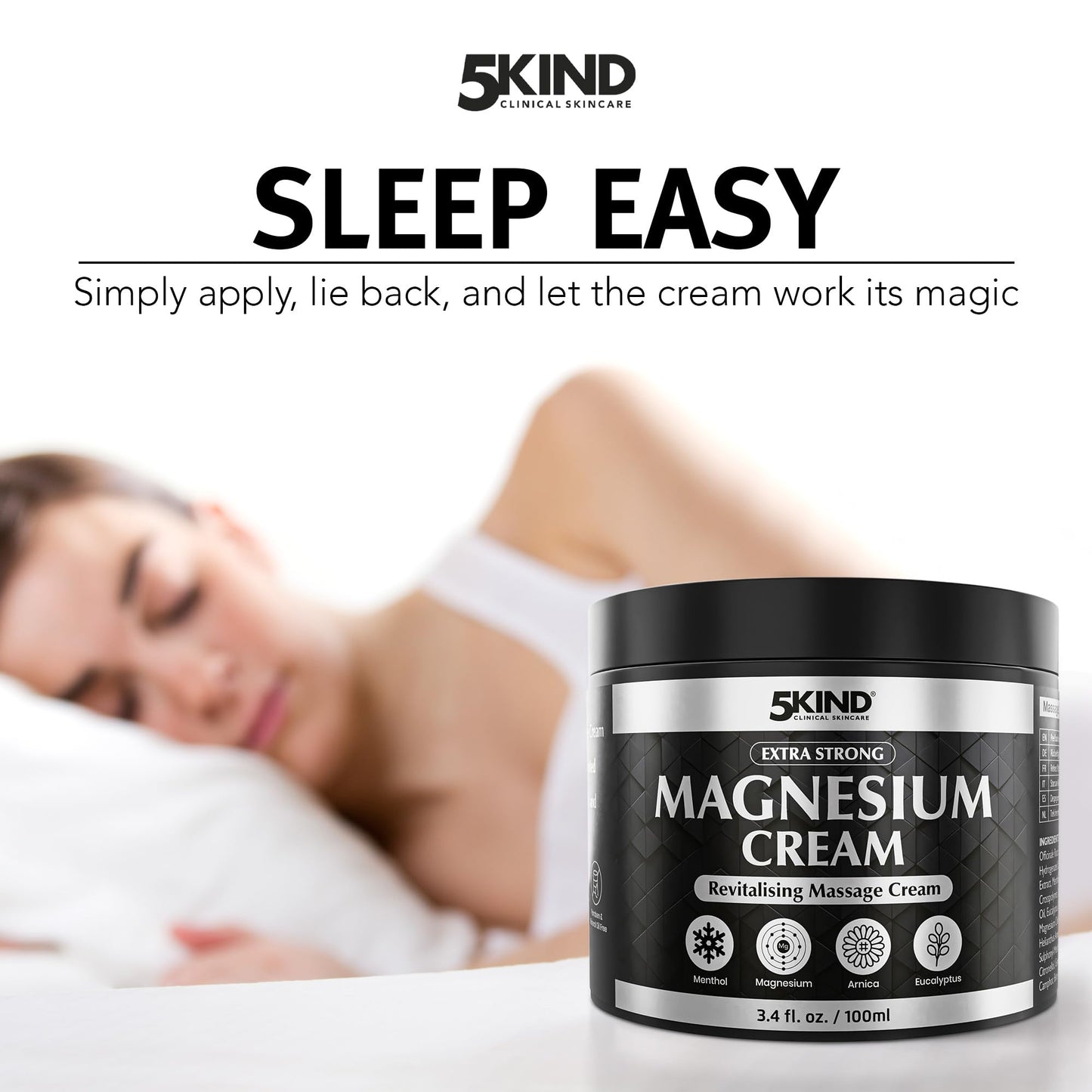 5Kind Extra Strong Magnesium Cream 3.4 fl oz - Magnesium Rub for Muscles, Joints, Lower Back, Knee, Neck, Shoulder, Hip & Feet - Infused with Arnica, Eucalyptus, Comfrey, Menthol & Hemp Oil
