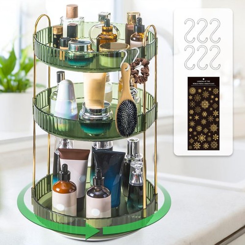 Megapuxin Makeup Organizer for Vanity,360° Rotating Lazy Susan Organizer Large Skincare Make Up Storage Cosmetic Dresser Organizer Countertop Organizer with Extra Hooks DIY Stickers for Bathroom