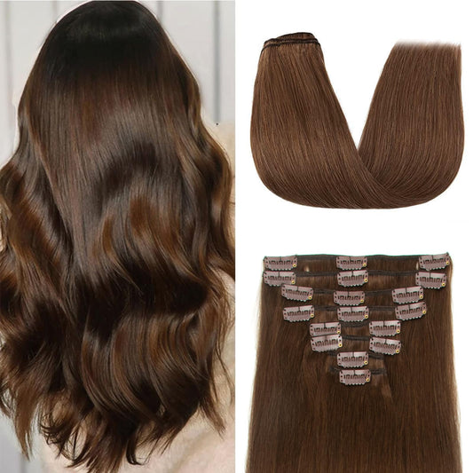Clip in Hair Extensions Real Human Hair Clip ins Human Hair Extensions for Women Invisible Natural Straight Seamless Clip on Hair Extensions 8pcs Double Weft 90g (#4 Medium Brown, 24 Inch)