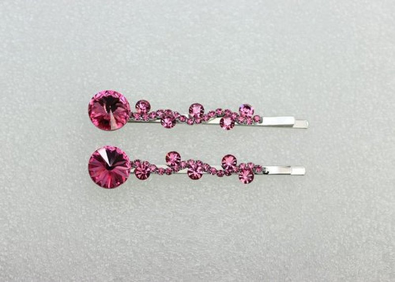 Faship A Pair Of Pink Premium Rhinestone Crystal Floral Hair Clips 2 Pcs Pins - Pink