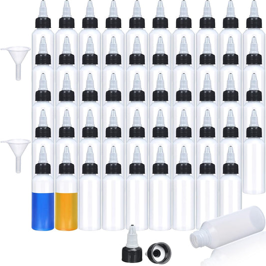 Boston Squeeze Bottles - 50 Pcs 2 oz Clear Plastic Dispensing Bottles with Twist Cap & Funnels | Perfect for Liquids & Oils