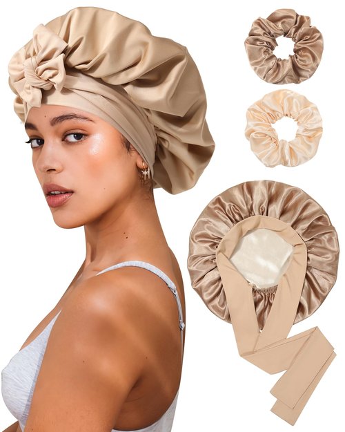 Reversible Satin Bonnet for Sleeping Women Silk Bonnet Double Layer Hair Bonnet with 2PCS Hair Scrunchies Elastic Tie Band Night Cap Hair Wrap for Natural Curly Hair (Coffee + Champagne)