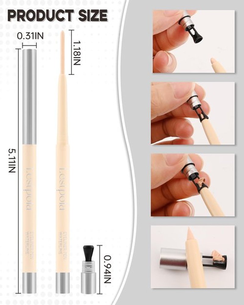 Nude Gel Waterline Eyeliner, Glides on Smooth Eyeliner Pencil, Matte Cream Soft Texture, Waterproof Smudge-Proof Long Wear Eyeliner, Retractable Beige Eye Liner Brightener Pen with Sharpener(2Pcs)