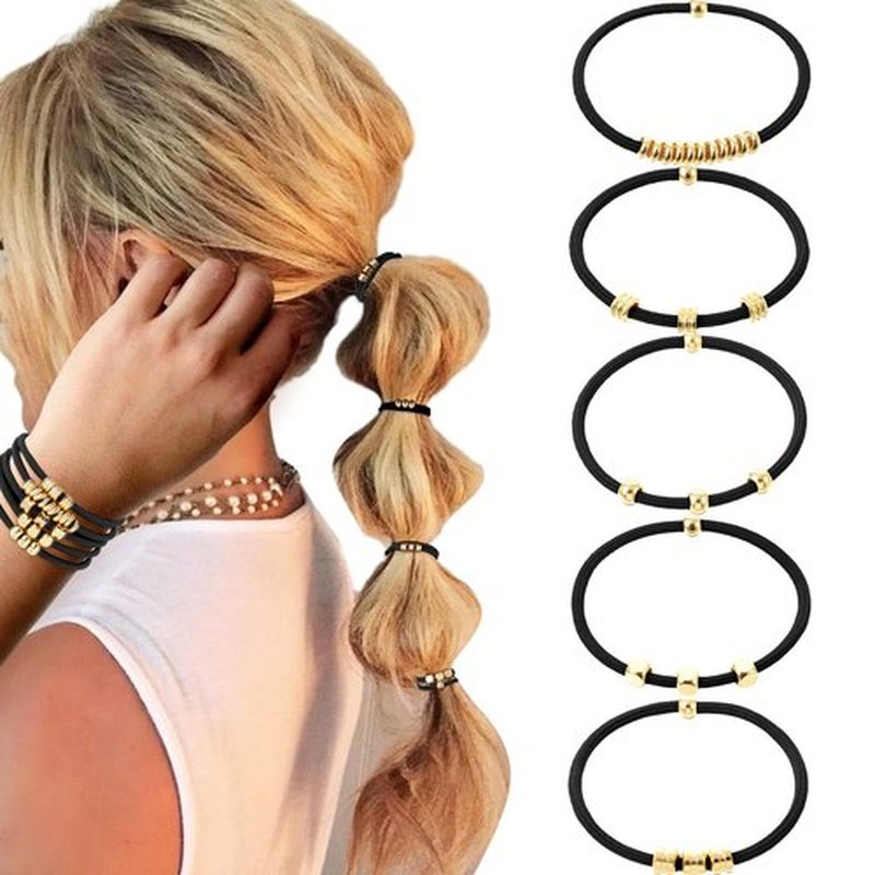 PEOVLVN 5 Pcs Hair Tie Bracelets for Women, Boho Hair Ties No Damage Elastic Hair Ties Cute Bracelet Hair Ties with Bead Ponytail Holders Hair Bands for Women Girls Hair Accessories (Black)