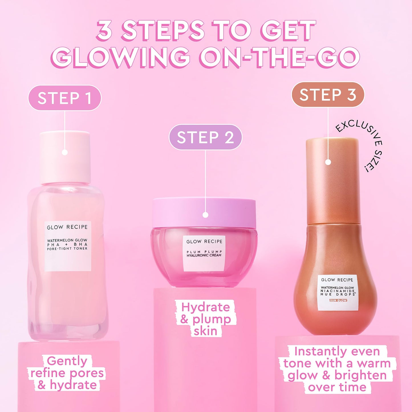 Glow Recipe Get Glowing With Me Kit by Katie Fang - PHA + BHA Face Toner & Gentle Face Exfoliant + Plum Plump Hyaluronic Acid Moisturizer Face Cream + Hue Drops Tinted Serum (3 Count)