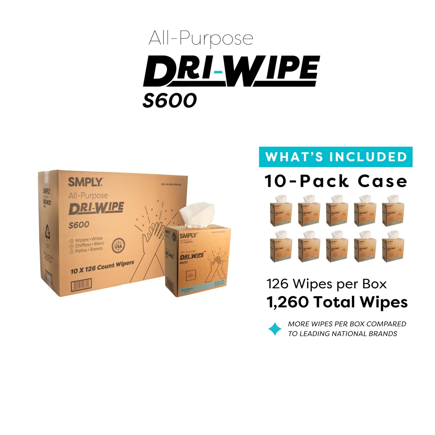 Dri-Wipe S600 by SMPLY Brands – All-Purpose Disposable Wipes, 10 Boxes of 126 (1,260 Total), Strong Alternative to Shop Towels & Paper Towels, 8" x 14" Center-Pull Sheets