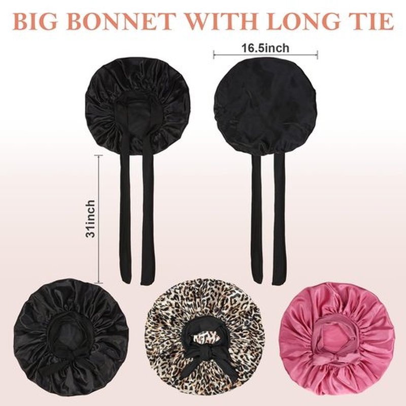 3Pcs Silk Bonnet for Sleeping, Satin Bonnet for Sleeping Extra Large Bonnet Hair Bonnets for Sleeping Black Curly Hair Women Jumbo Bonnet with Tie Band Braids (Black Leopard Rose-pink) shower cap