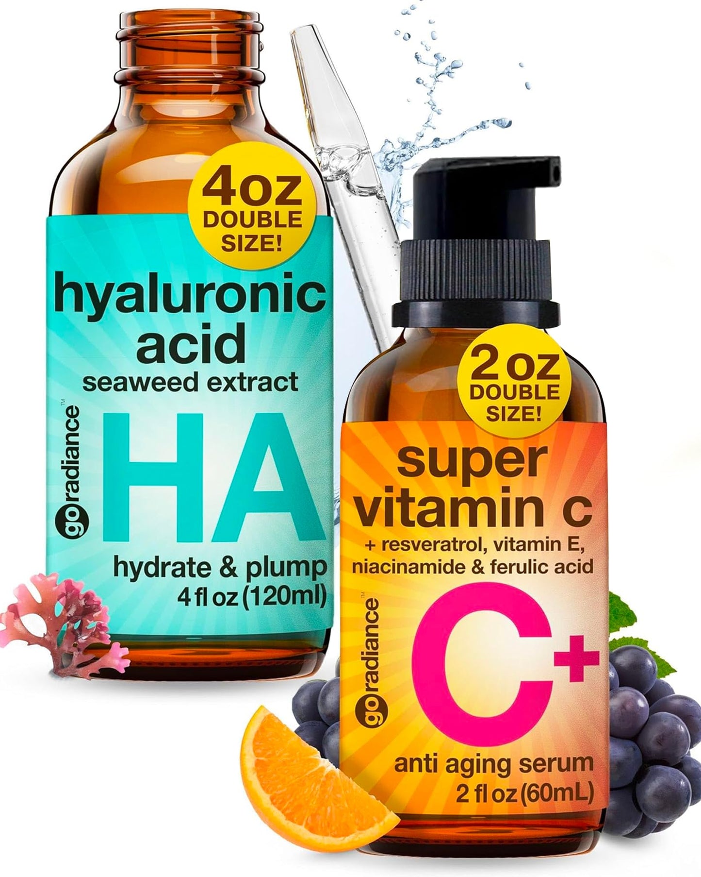 Go Radiance Hyaluronic Acid Serum 4oz, Super Vitamin C Serum 2oz