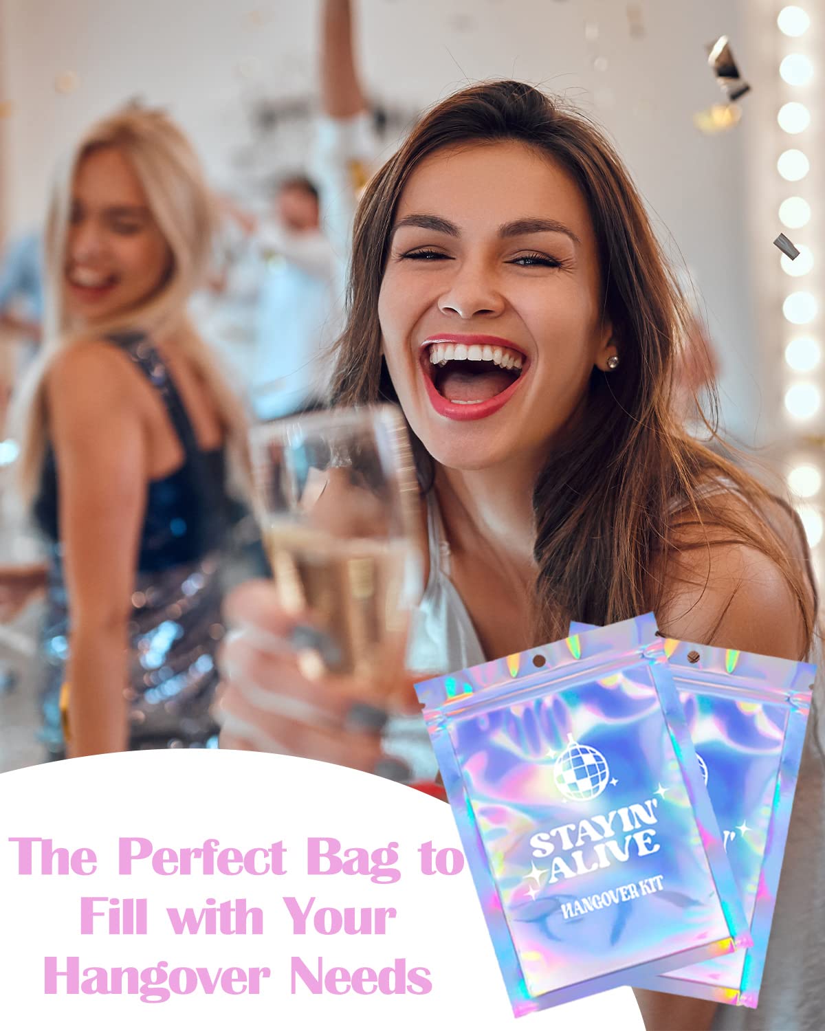 SILFGRLF Stayin' Alive Bachelorette Party Hangover Kits, Hangover Kit Bags – 20 Pcs Holographic Bags (5"x7") Bachelorette Party Supplies Last Disco Party Favors Printed