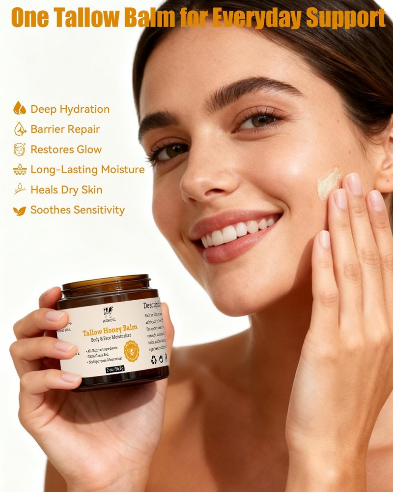 Beef Tallow Skin Moisturizer | Whipped Tallow & Honey Balm for Body & Face - 2oz, Natural Grass-Fed Formula