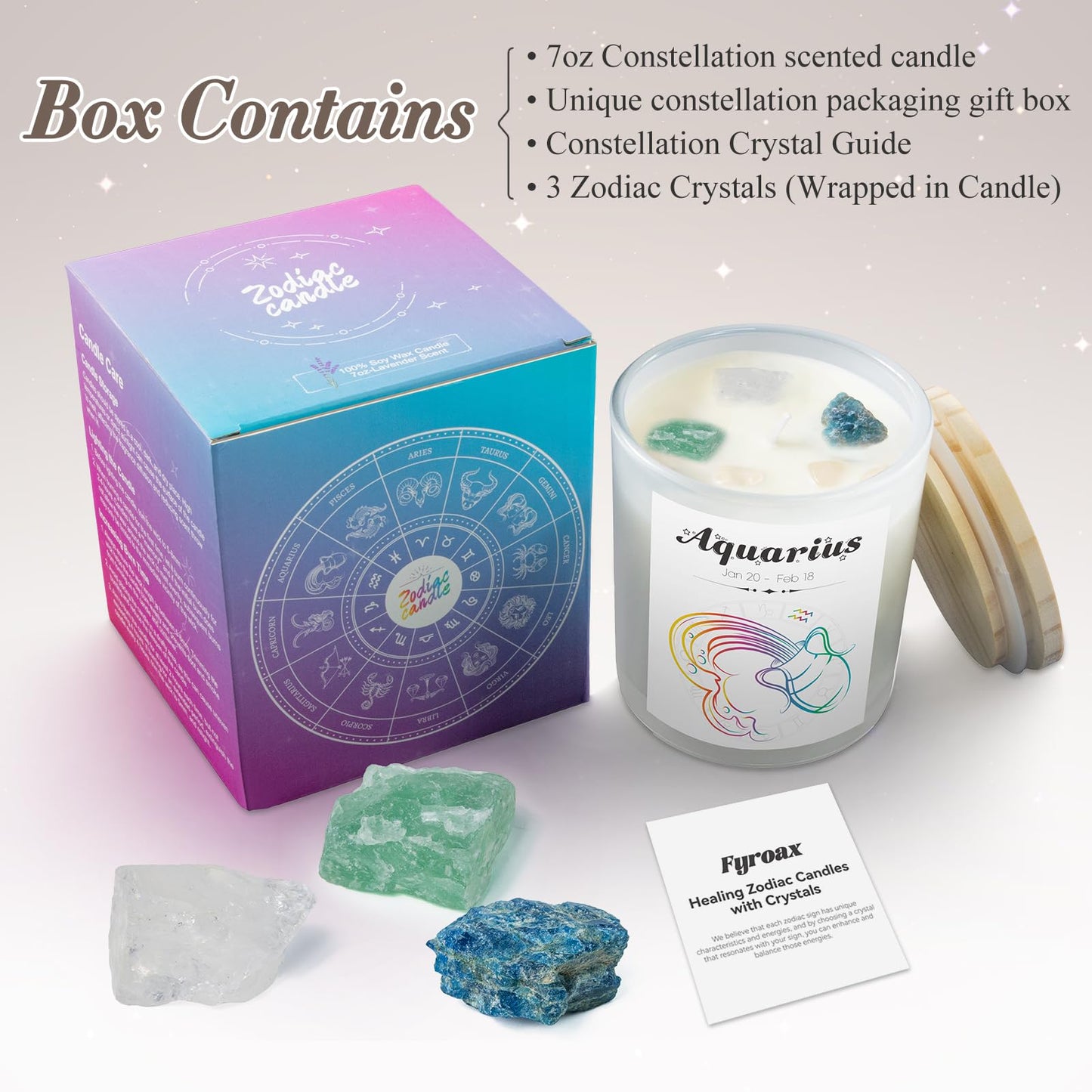Aquarius Gifts for Women, Zodiac Aquarius Candle with Healing Crystals, Astrology Birthday Gifts for Women, Mom, Sister, Friends, Meditation, Yoga, Relaxation (7oz)