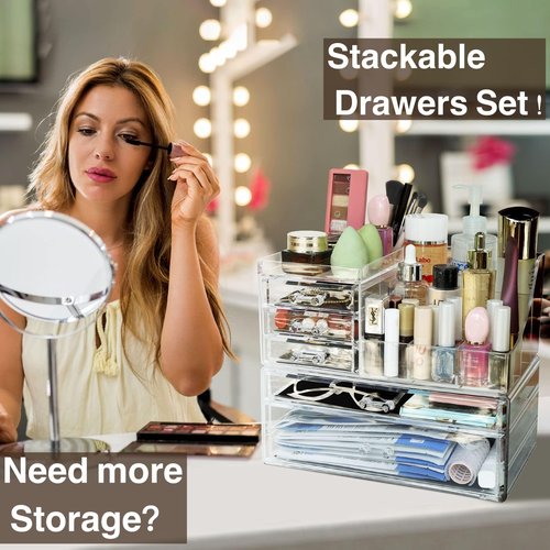 Simbuy Clear Makeup Organizer and Storage Cosmetics Organizer with Drawers, Bathroom Counter or Dresser, Vanity Holder for Lipstick, Brushes, Lotions, Eyeshadow, Nail Polish and Jewelry