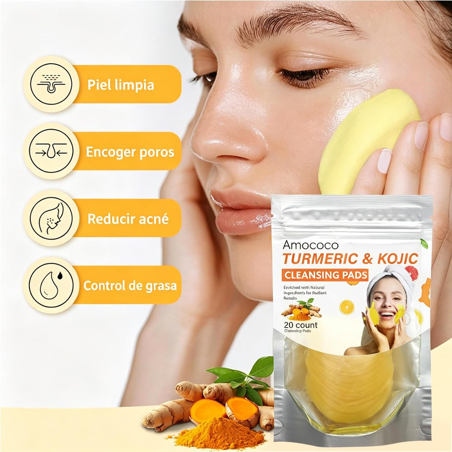 Amococo Turmeric & Kojic Acid Cleansing Pads, 20 Count, Chamomile for Dark Spots, Even Skin Tone, Gentle Daily Face Pads for Sensitive & Acne-Prone Skin