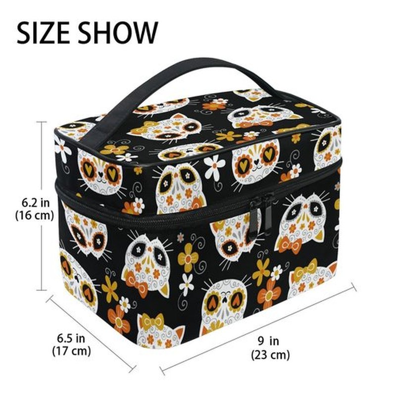 Cosmetic Bag Cat Sugar Skulls Flowers Travel Makeup Organizer Bag Portable Train Case for Women Girls