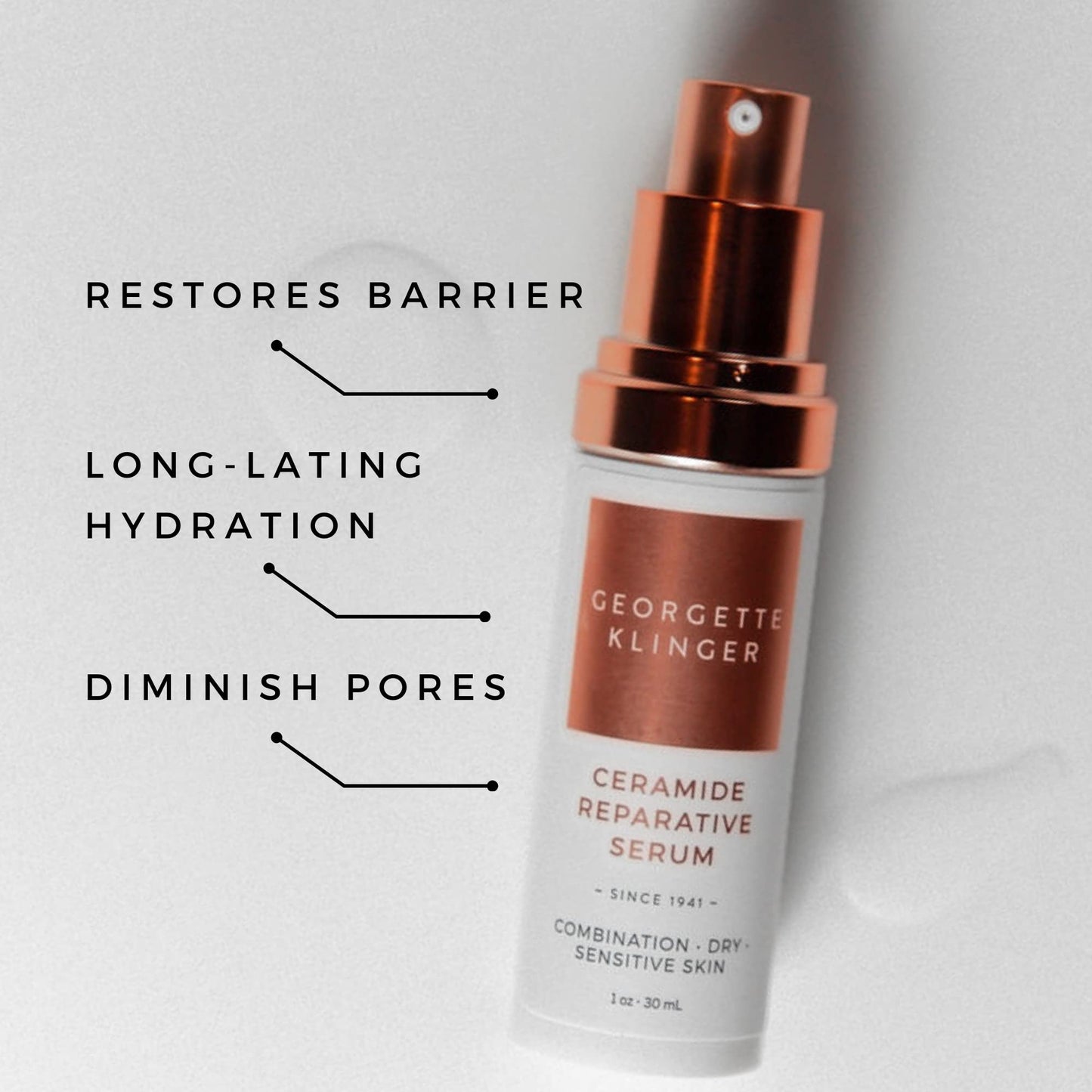 Ceramide Reparative Serum - Repairs and Rebuilds Protective Skin Barrier, Long-Lasting Hydration, Minimizes Pores, and Fragrance-Free Plant-Derived Plumping Face Treatment - 1 oz by Georgette Klinger