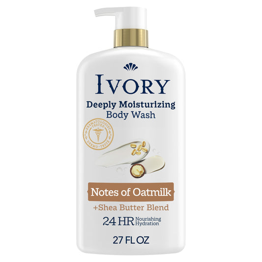 Ivory Body Wash, Deeply Moisturizing, 24hr Nourishing Hydration, Soothes Itchy Dry Skin, Made with Shea Butter Blend, Free of Dyes Heavy Perfumes Parabens & Phthalates, Oatmilk Scent, 27 oz