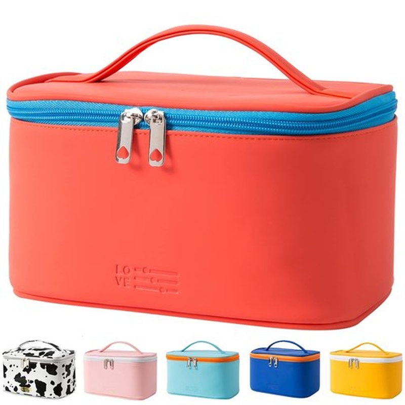 Makeup Bag Portable Travel Cosmetic Bag for Women, Beauty Zipper Makeup Organizer PU Leather Washable Waterproof (Red)