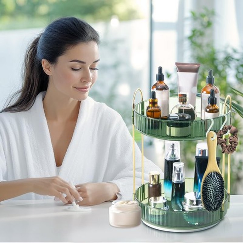 Megapuxin Makeup Organizer for Vanity,360° Rotating Large Skincare Make Up Storage Perfume Organizers Cosmetic Dresser Organizer Countertop Organizer with Extra Hooks DIY Stickers for Bathroom