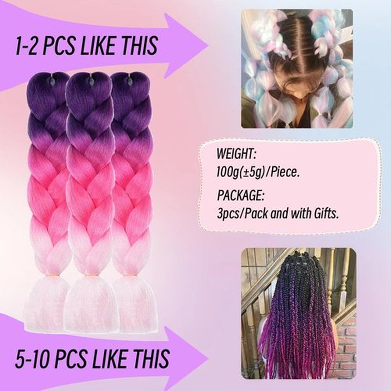 Jumbo Braiding Hair Fiber Mix Four Silky Colorful Twist Braiding Hair 3pcs Rainbow Colors Extensions Synthetic Hair Purple-Red-Pink Synthetic Fiber Soft Healthy (24 Inch 3pcs)