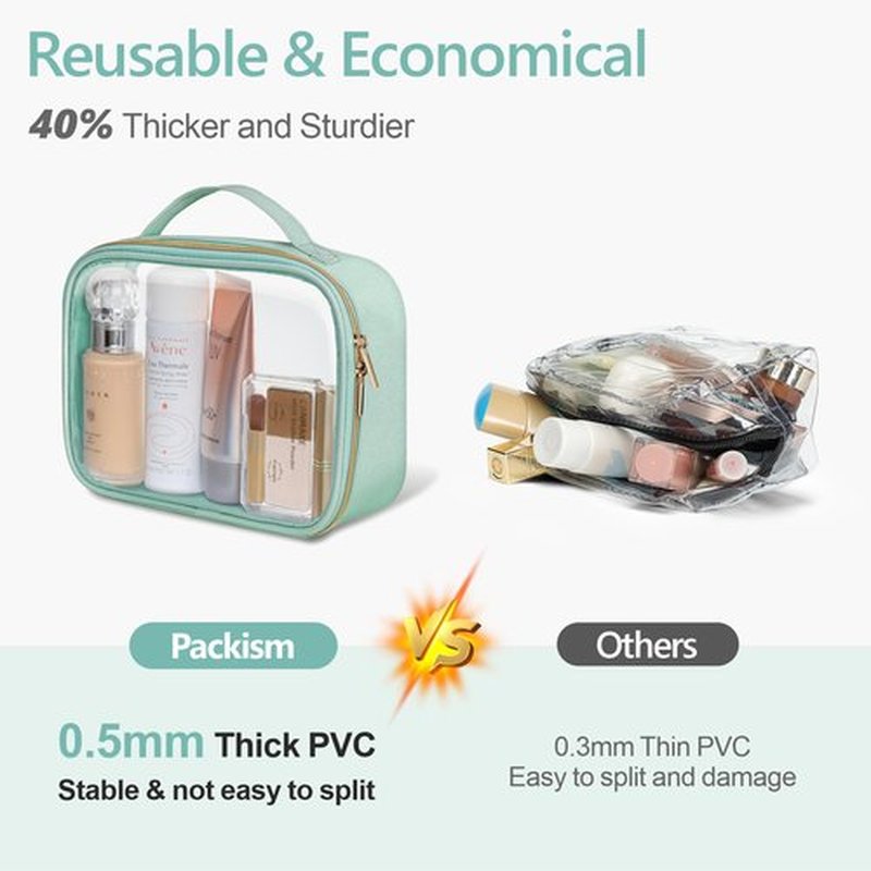 PACKISM TSA Approved Toiletry Bag - Glitter Textured Clear Makeup Bag, Personalized and Fashion, with 180° Large Opening and Supporting Frame, Perfect for Travel Essentials, Thick No Smell, Green