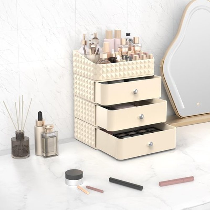 Rosoenvi Makeup Organizer for Vanity, Stackable Cosmetics Organizer and Storage, Cosmetic Display Cases with 3 Drawers and 1 Tray for Makeup Brush, Hair Accessories, Lipstick and Jewelr, Beige