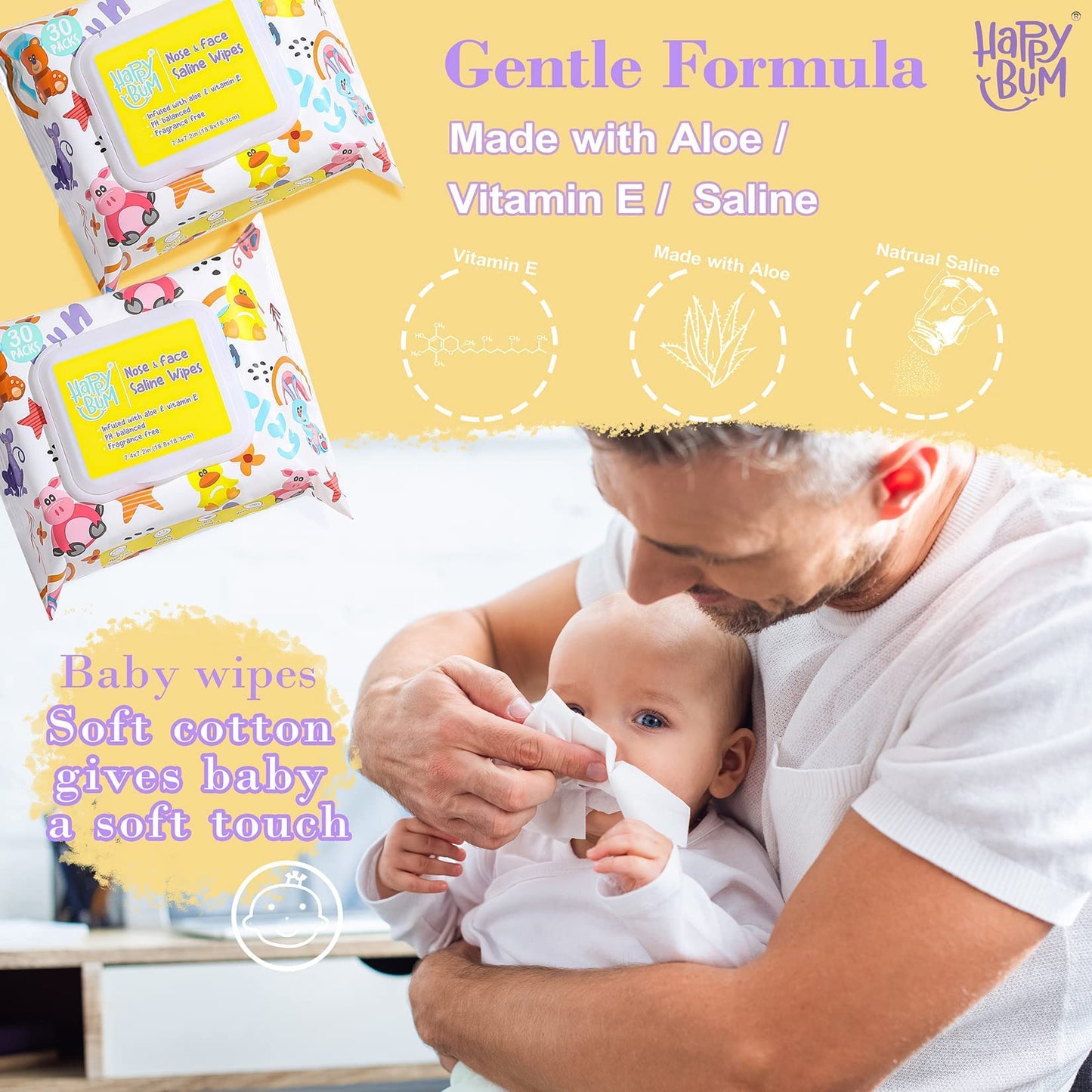 HAPPY BUM - 180 Count Saline Baby Wipes, Unscented, 7.4 x 7.2 Inch, Moist and Refreshing, Multi-Purpose Use, Ideal for Travel