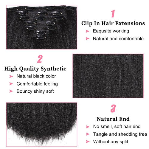 Yargel Hair 20 Inch Kinky Straight Clip in Hair Extensions for Black Women Yaki Straight Clip ins Full Head Seamless Synthetic Hair Pieces(2 pack)