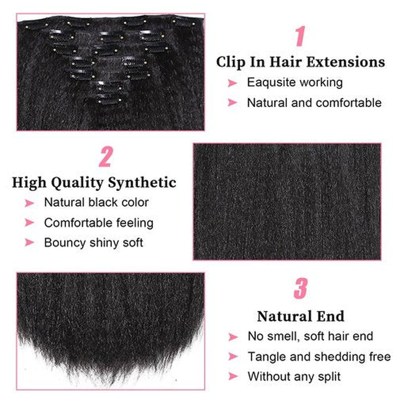 Yargel Hair 16 Inch Kinky Straight Clip in Hair Extensions for Black Women Yaki Straight Clip ins Full Head Seamless Synthetic Hair Pieces(2 pack)