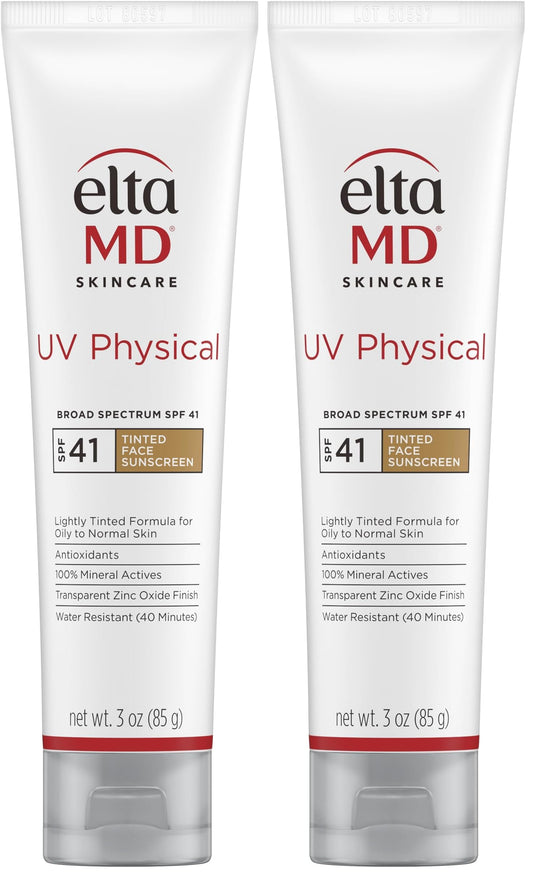 EltaMD UV Physical Tinted Mineral Sunscreen for Face SPF 41,100% Mineral Actives Tinted Face Lotion, Water Resistant, Paraben-Free, Transparent Zinc Oxide Finish,Travel Size Sunscreen 3 oz,(Pack of 2)