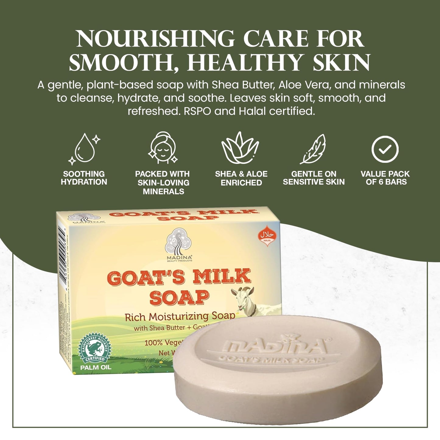 Madina Goat Milk Soap Bar – Hydrating, Moisturizing, Nourishing, Natural Vegetable-Based, Gentle Cleanser for All Skin Types, RSPO & Halal, 6 Pack (3.5 oz Each)