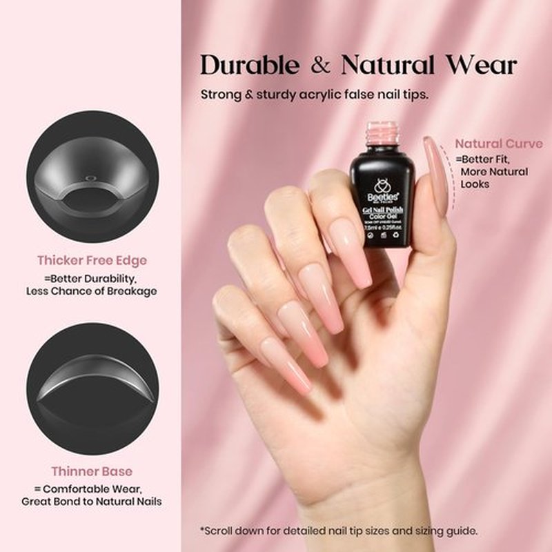 Beetles Gel Nail Kit 600Pcs Long Coffin Nail Tips with Pink Gel Polish Top Coat,15 Sizes Beetles Gel X Soft Clear Press on Nails 5 In 1 Nail Glue Uv Nail Lamp Easy Nail Extension Set for Women