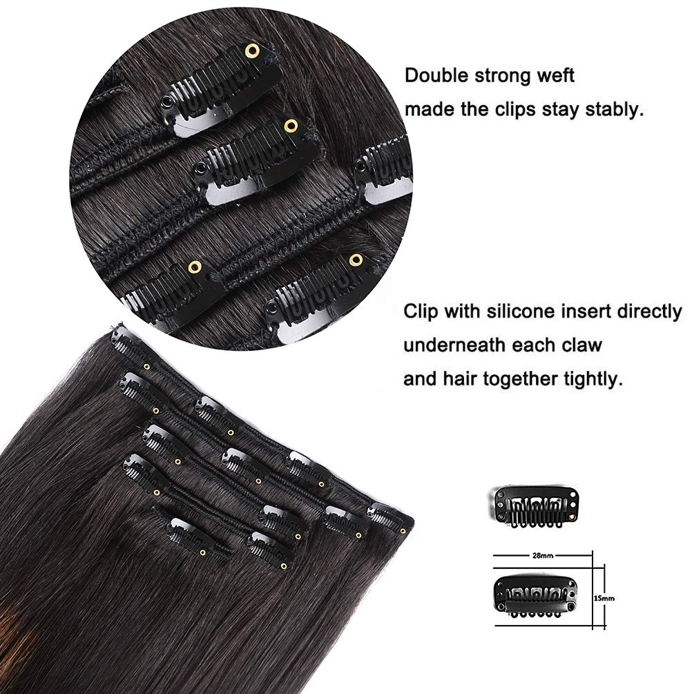 5 Pieces 20" Remy Clip in Hair Extensions Human Hair Natural Black to Chestnut Brown Highlight Ombre - Silky Straight Short Thick Real Hair Extensions for Women (20 inches, (1BT6) P1B, 100grams)