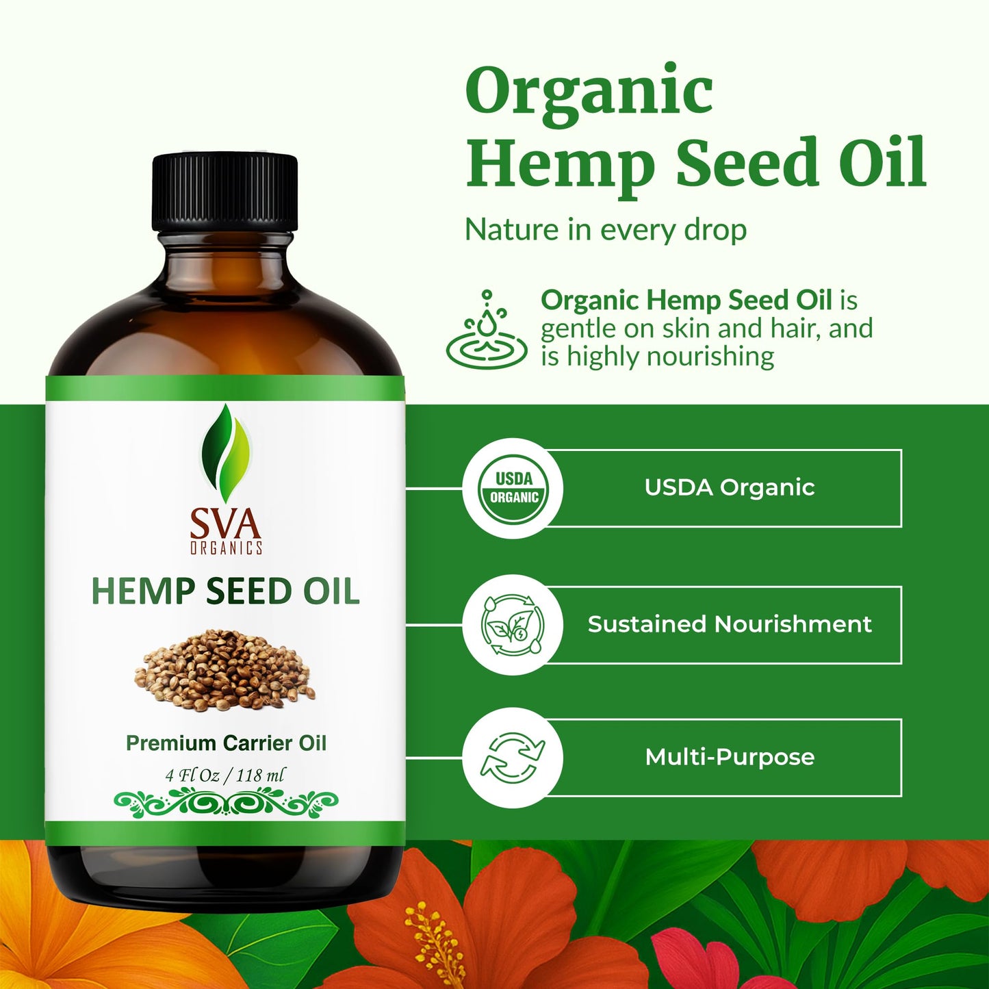 SVA ORGANICS Hemp Seed Oil Cold Pressed 4oz (118 ml) Premium Carrier Oil With Dropper For Skin Care, Hair Care, Scalp Massage, Body Massage, Hair Products, Cosmetics & Soap
