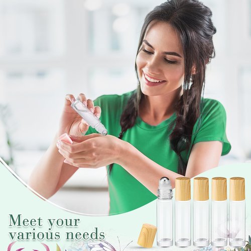 Sumind 150 Pcs Essential Oil Roller Bottles 10 ml Glass Roller Bottles with Stainless Steel Roller Balls Empty Bottles Leak Proof Roll on Bottles with 5 Funnel for Travel Essential Oil (Clear, Wood)