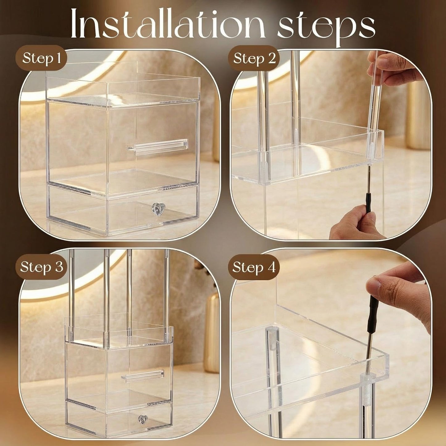 Qinyoung 4-tier Acrylic Vanity Organizer, Facial Towel Dispenser Box Compatible with XL Clean Towels (Excluding), Makeup Storage Drawer Style Countertop Organizer for Bathroom Skincare Station