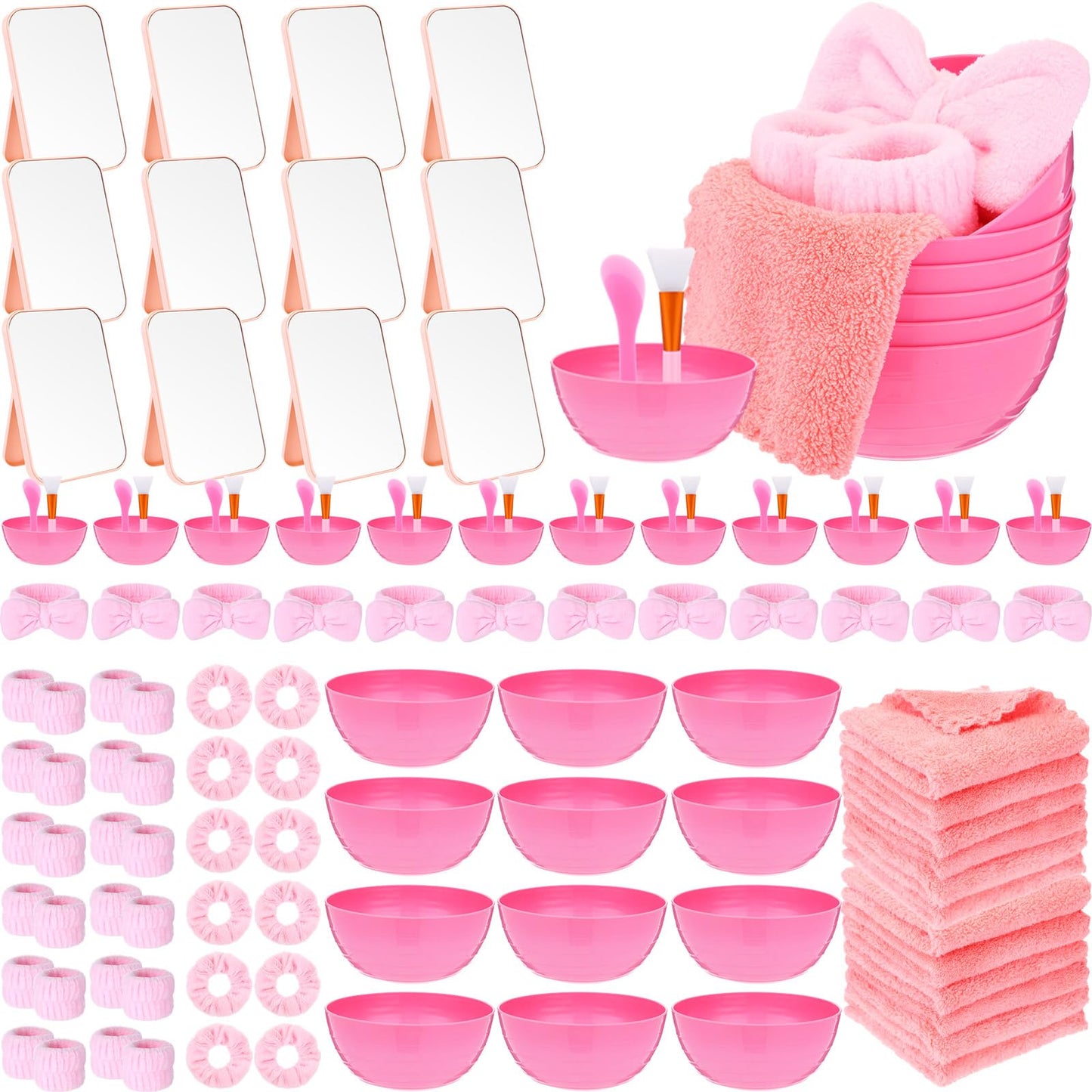 Honeydak 12 Set Spa Party Favors for Girls Sleepover Slumber Party Supplies with DIY Facial Kit Face Mask Mixing Bowl Silicone Brush Headband, Mirror Towel for Birthday Bridal Shower(Pink)