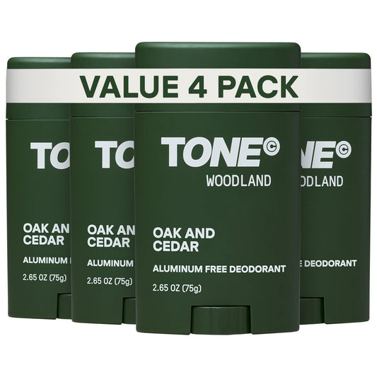 TONE Aluminum Free Deodorant for Men & Women, Woodland, Paraben Free Formula with up to 48-Hour Odor Protection, Dermatologist-Tested, 2.65 oz (4 Pack)