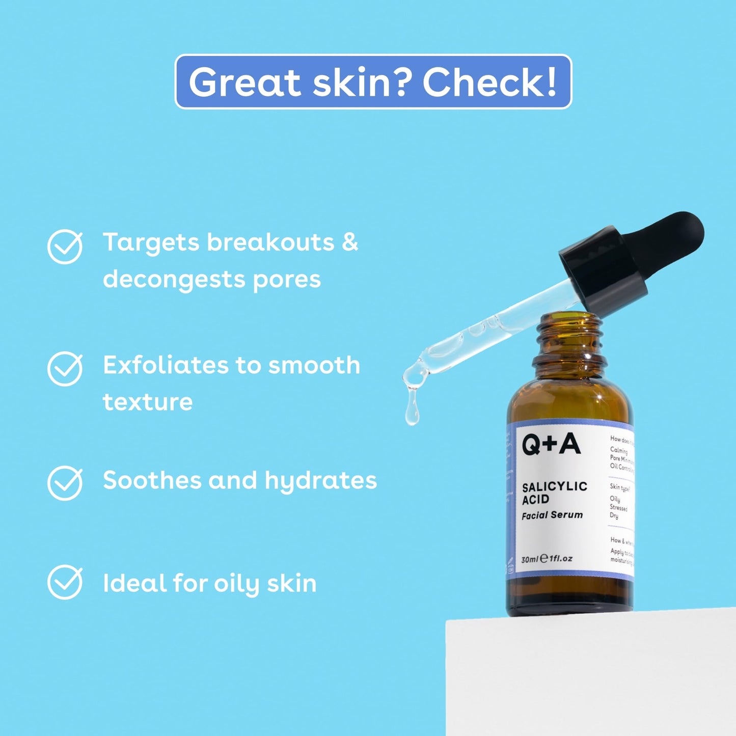Q+A Salicylic Acid Serum (30ml), Exfoliating, Pore-Minimising and Oil-Controlling Face Serum for Blemish-Prone Skin, Skincare With Salicylic Acid, Succinic Acid and Betaine