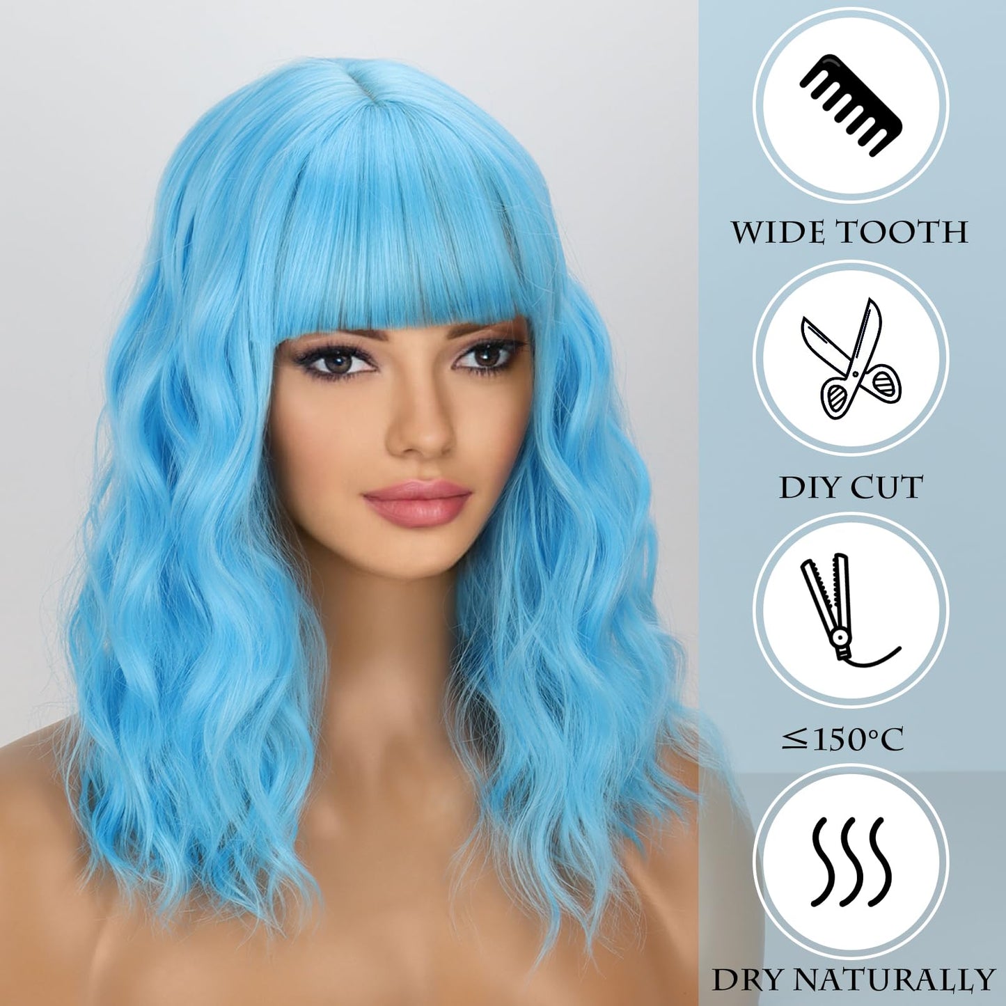 LINGHANG Short Blue Wavy Bob Wigs with Bangs for Women Loose Light Blue Wig Synthetic Shoulder Length Cosplay Wig for Girl Colorful Costume Wigs