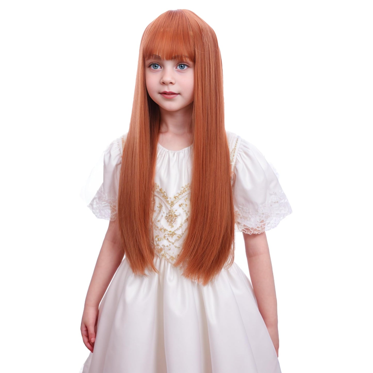 Ufindcos Auburn Wig with Bangs for Kids Long Dark Orange Wig Long Straight Child Wig 22 inches Ginger Wig for Girls Synthetic Wig with Wig Cap