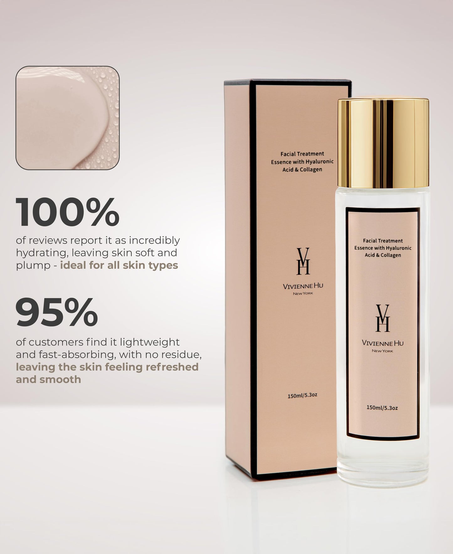 VivienneHu Facial Treatment Essence with Hyaluronic Acid & Collagen, Anti-Aging Essence Skincare to Reduce the Appearance of Fine Lines, Refines Texture, Improves Firmness & Dark Spots, 5.3Oz, 150g