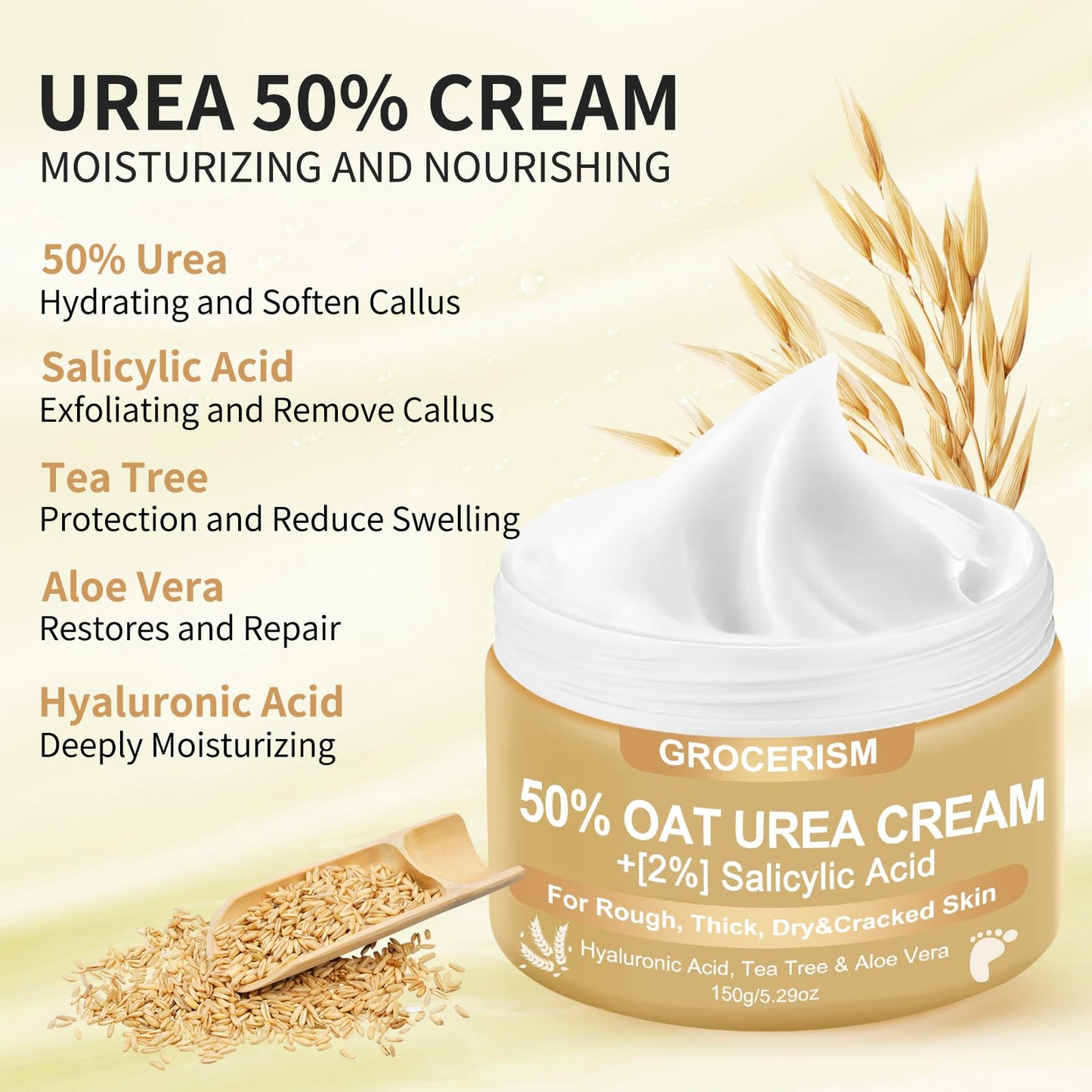 Urea Cream 50 Percent for Feet with Oat 5.29 oz || Foot & Hand Cream Maximum Strength with 2% Salicylic Acid, Tea Tree and Aloe Vera for Deep Moisturizing and Callus Removing (Upgraded Formula)