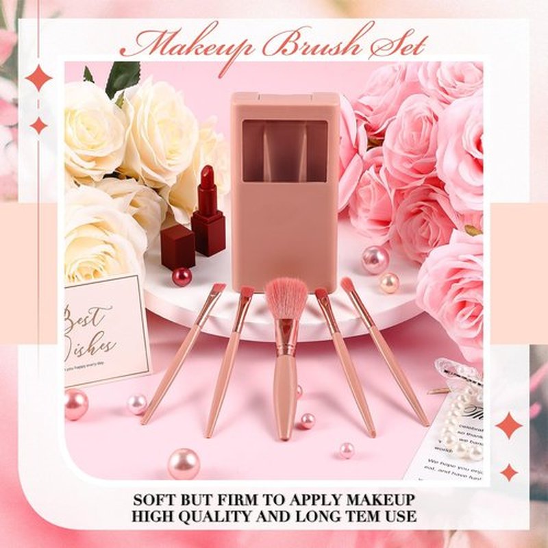 FoldTier 6 Sets Bridesmaid Proposal Gifts Mini Travel Makeup Brushes Bulk Bridesmaid Trip Bride Cosmetic Bag for Wedding Bridal Shower Bachelorette Party(Cameo Brown)