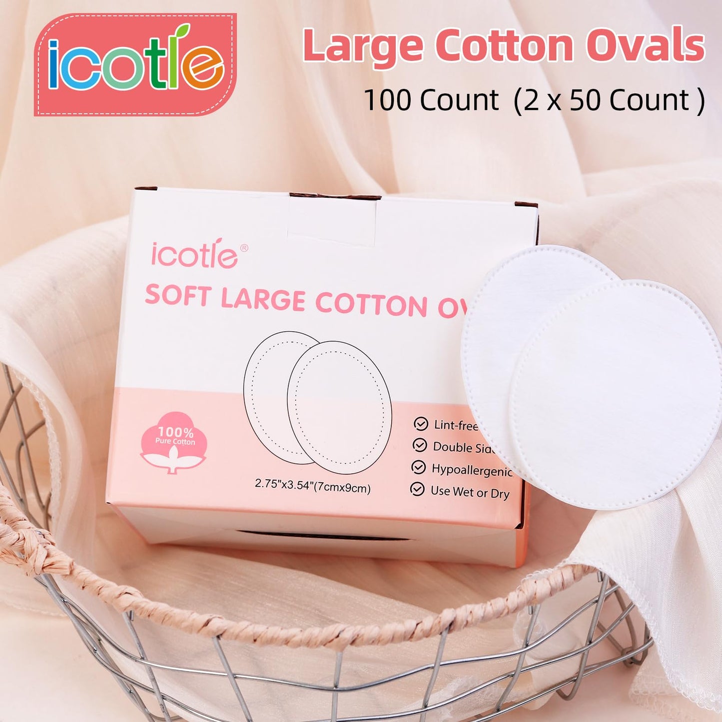 Oval Cotton Pads (100 Count) Ultra-Soft Cotton Ovals 100% Cotton Spunlace Purely Physical Technology, Large Makeup Remover Pads Facial Cotton Pads for Makeup Removal, Cleansing, Toner Application