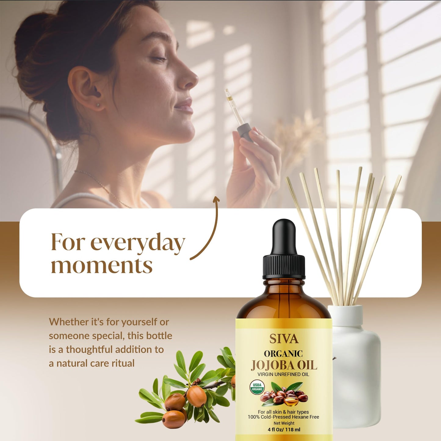 Siva Jojoba Organic Oil 4oz (118ml) Premium Cold-Pressed 100% Natural Organic Carrier Oil with Dropper for Face, Skin Care, Body Massage, Hair Care, Hair Oiling & Scalp Massage