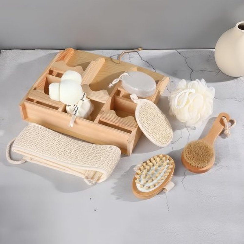 7Pcs Bath Exfoliating Brush Set in Round Wooden Box Hair Brush, Wood Roller Massager Scrubber Stone Shower Brush Nylon Glove with Storage Basin, Shower Spa Basket Gift Set for Women Men (Wood)