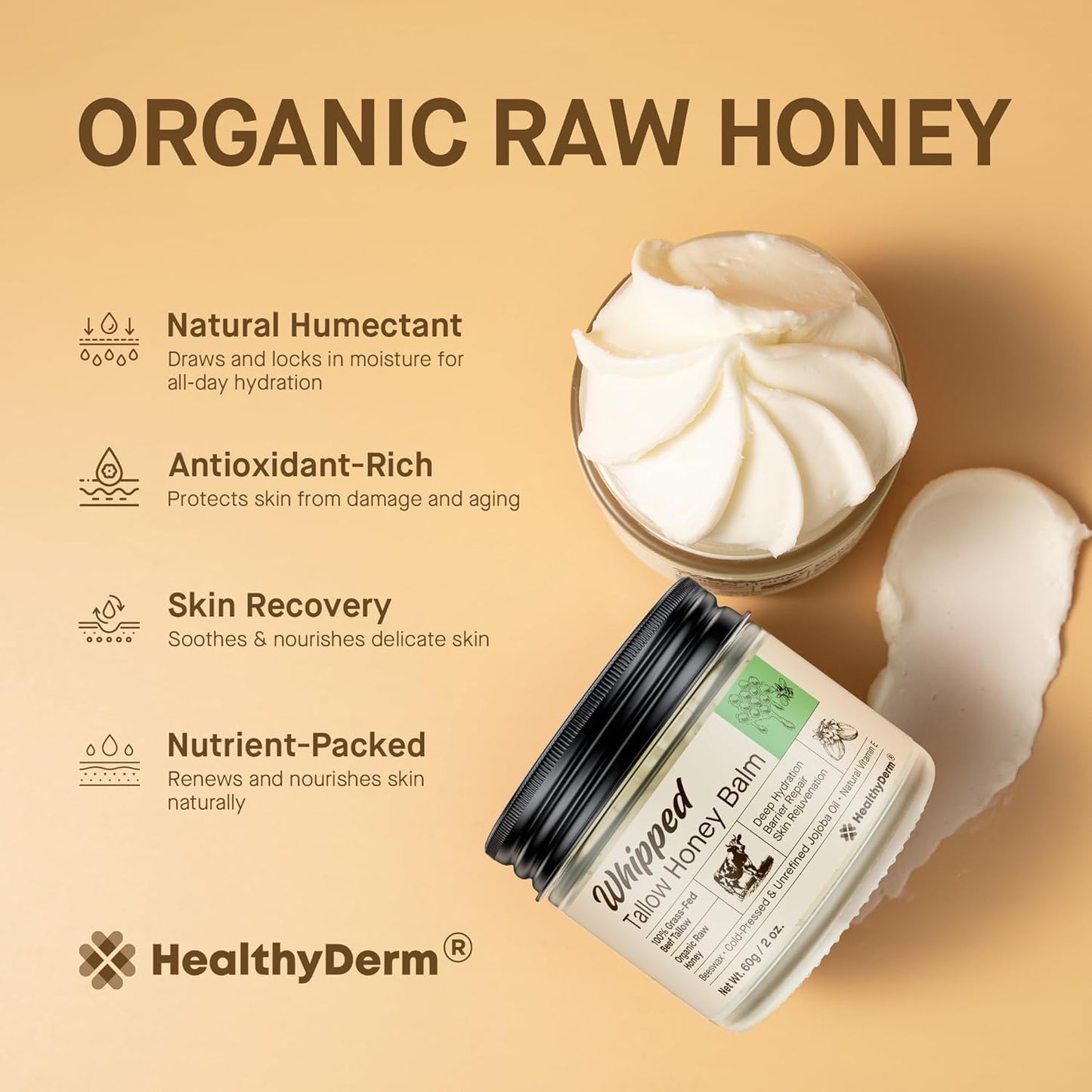 Beef Tallow Honey Balm for Skin: 100% Grass Fed Whipped Organic Moisturizer with Organic Raw Honey, Jojoba Oil, Vitamin E – Natural Face and Body Care for Mature, Dry or Sensitive Skin, 4oz