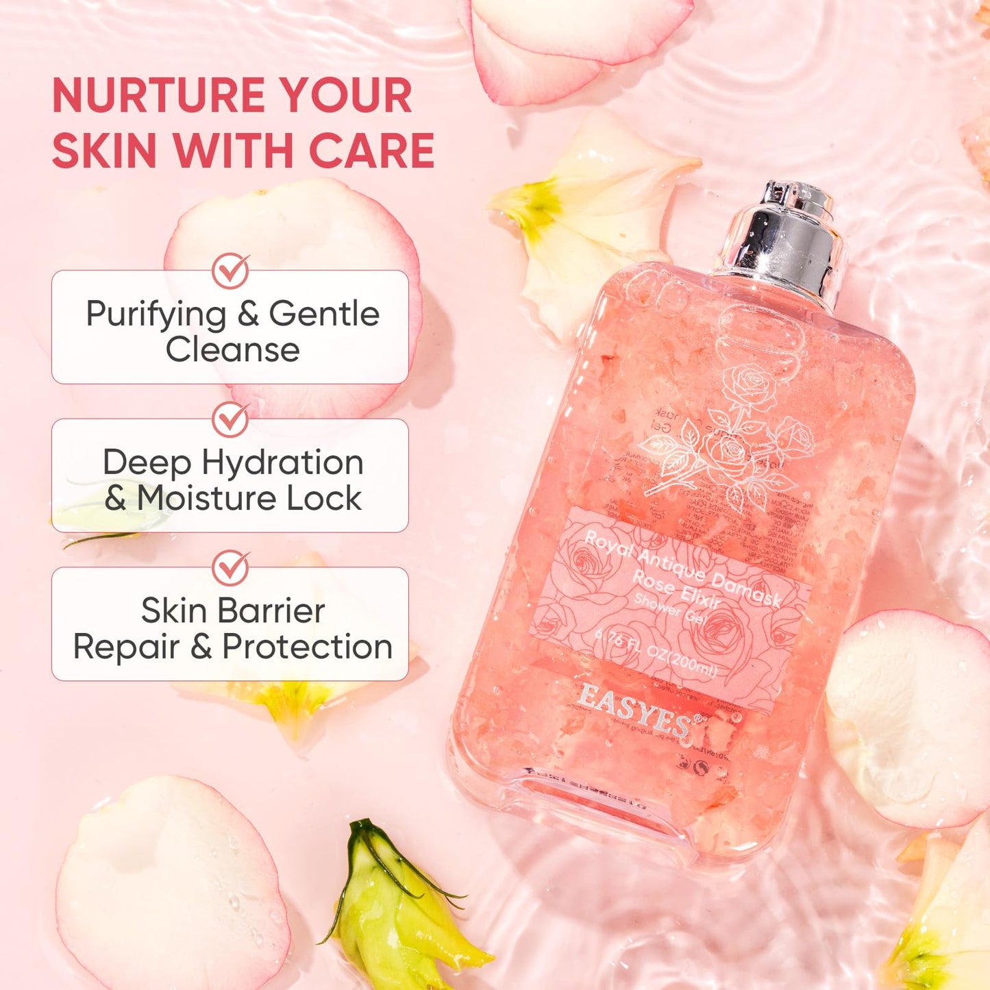 Easyes Rose Essence Body Wash for Women, Damask Rose Shower Gel with Real Rose Petals, Natural Moisturizing Hydrating Bodywash with Hyaluronic Acid, Ceramides & Coconut Oil Rich Floral Fragrance 14 oz