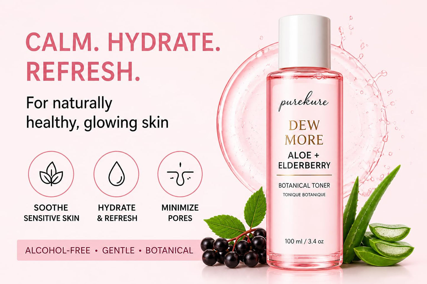 Aloe & Elderberry Facial Toner, Organic, Alcohol-Free, Hydrating Face Toner for Sensitive Skin – Soothing & Pore Minimizing, Gentle Glow Boosting Toner, 100ml